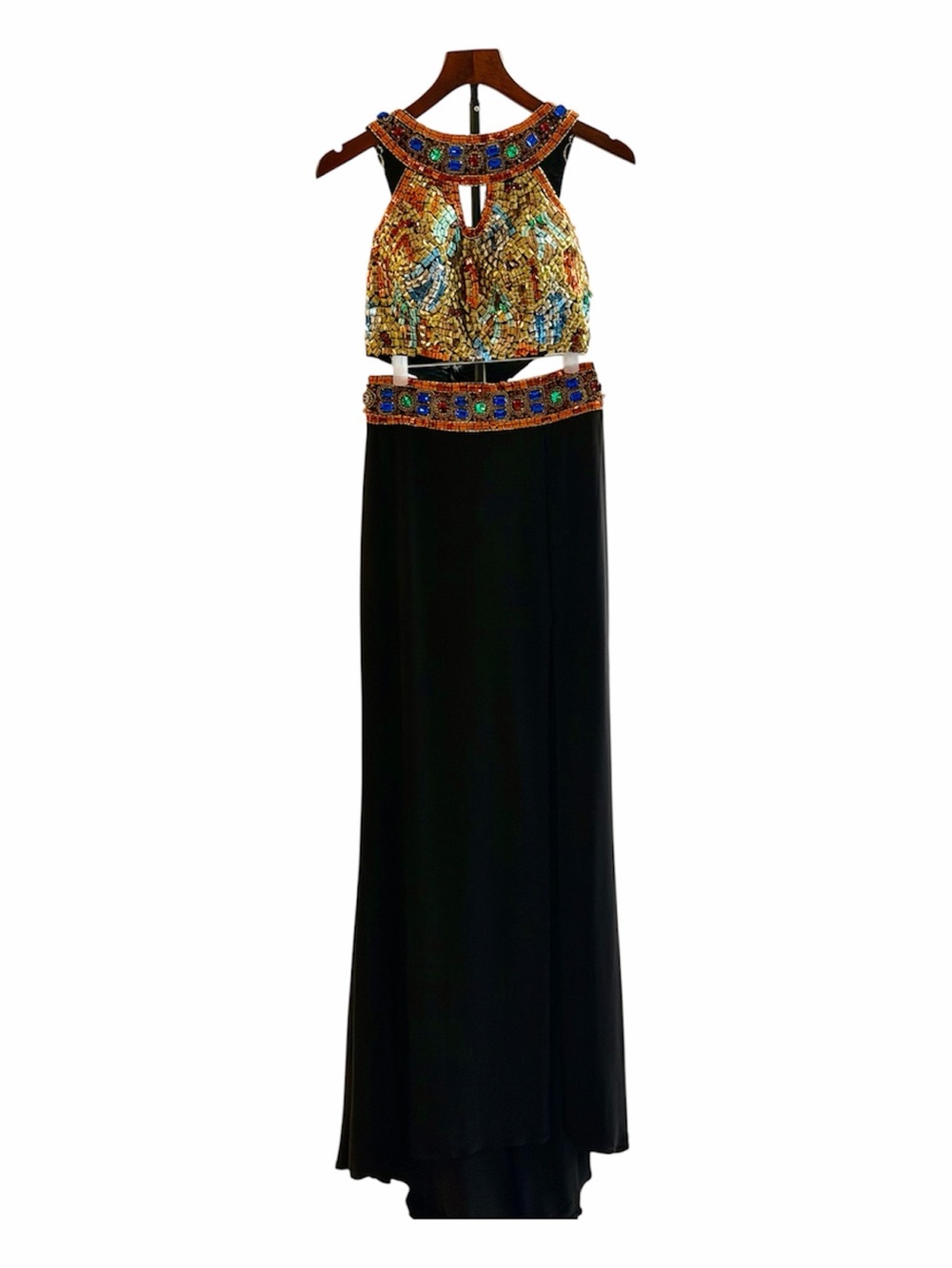 Vintage 2014 Sherri Hill Style #11068 Two- Piece Black Mosiac Halter Gown.